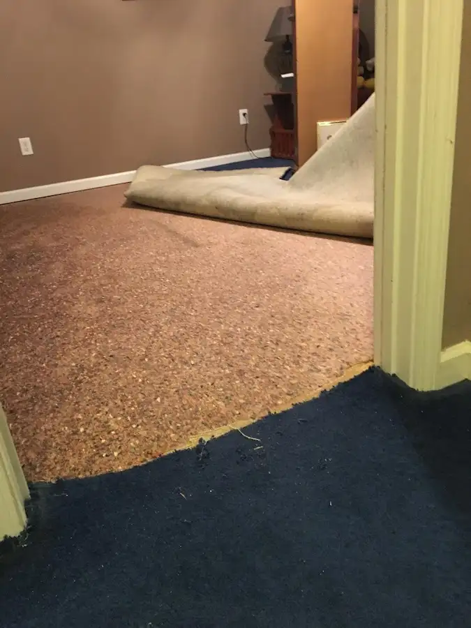 Carpet pad removal revealing water damage during Drying & Dehumidification in Greenwood